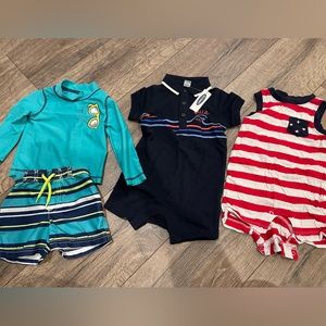 Bundle of 3 summer rompers and swimsuit with rash guard NWT on one romper 6-12mo